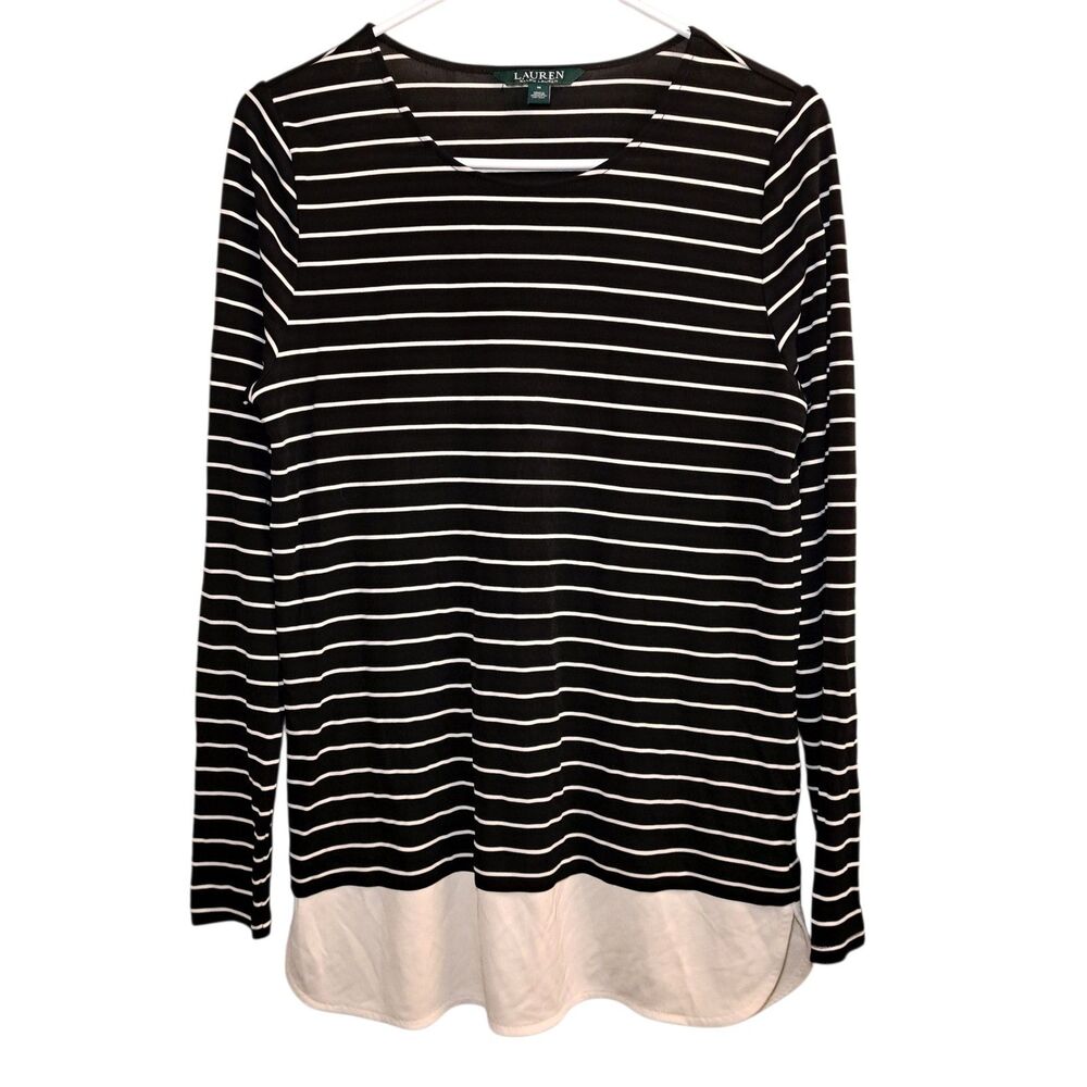 Ralph Lauren Black Ivory Striped Long Sleeve Top Size M Fluid Like Fabric